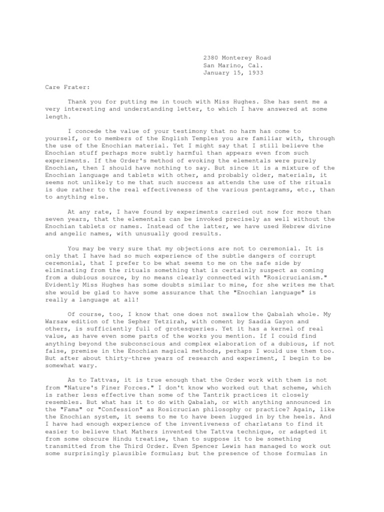 Paul Foster Case Letter To Israel Regardie of The Golden Dawn Order