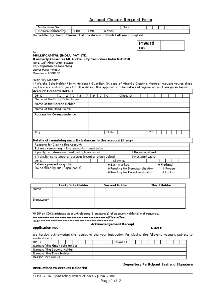 Annexure 10.1: Account Closure Request Form | PDF | Finance & Money ...