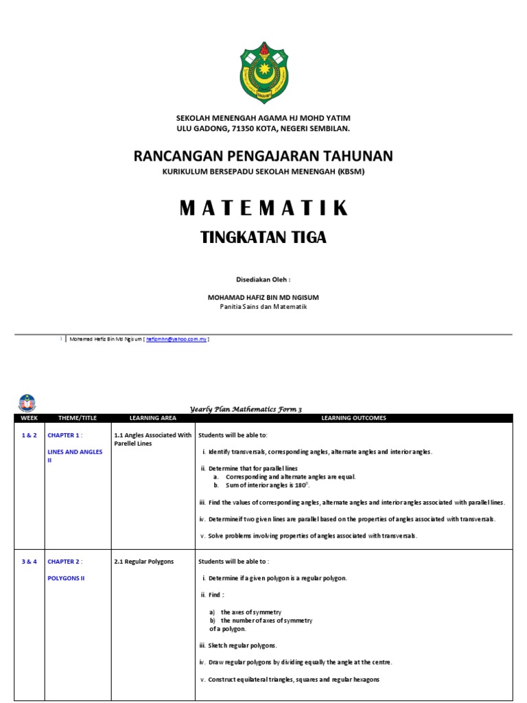 Rancangan Pengajaran Tahunan Matematik F3  Trigonometric  Rancangan Pengajaran Tahunan Matematik F3  Trigonometric