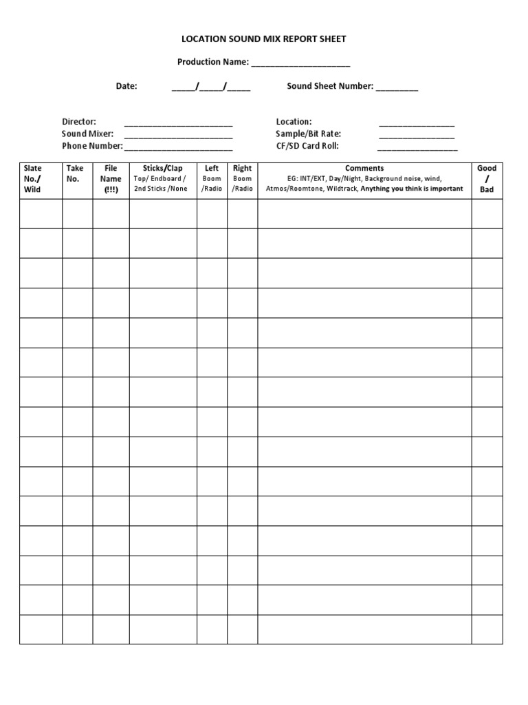 Location Sound Report Sheetv200.20pdf  PDF  Sound Recording  Audio For Sound Report Template