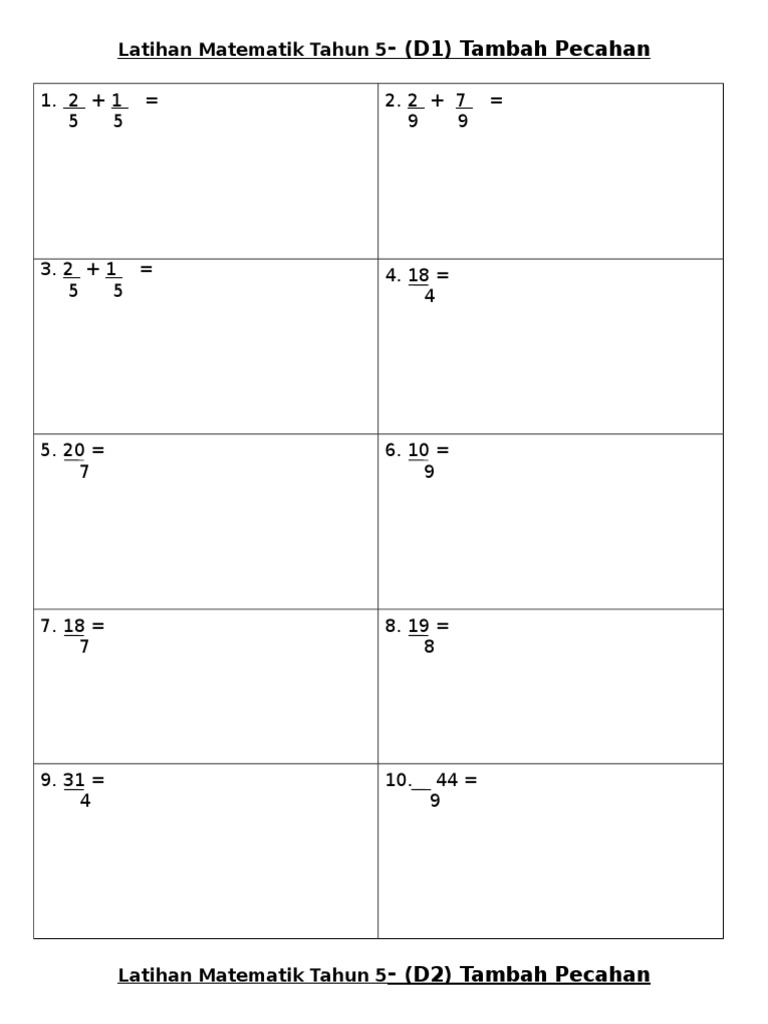 Latihan Matematik Tahun 5 Tambah Pecahan D1 N D2 Pdf