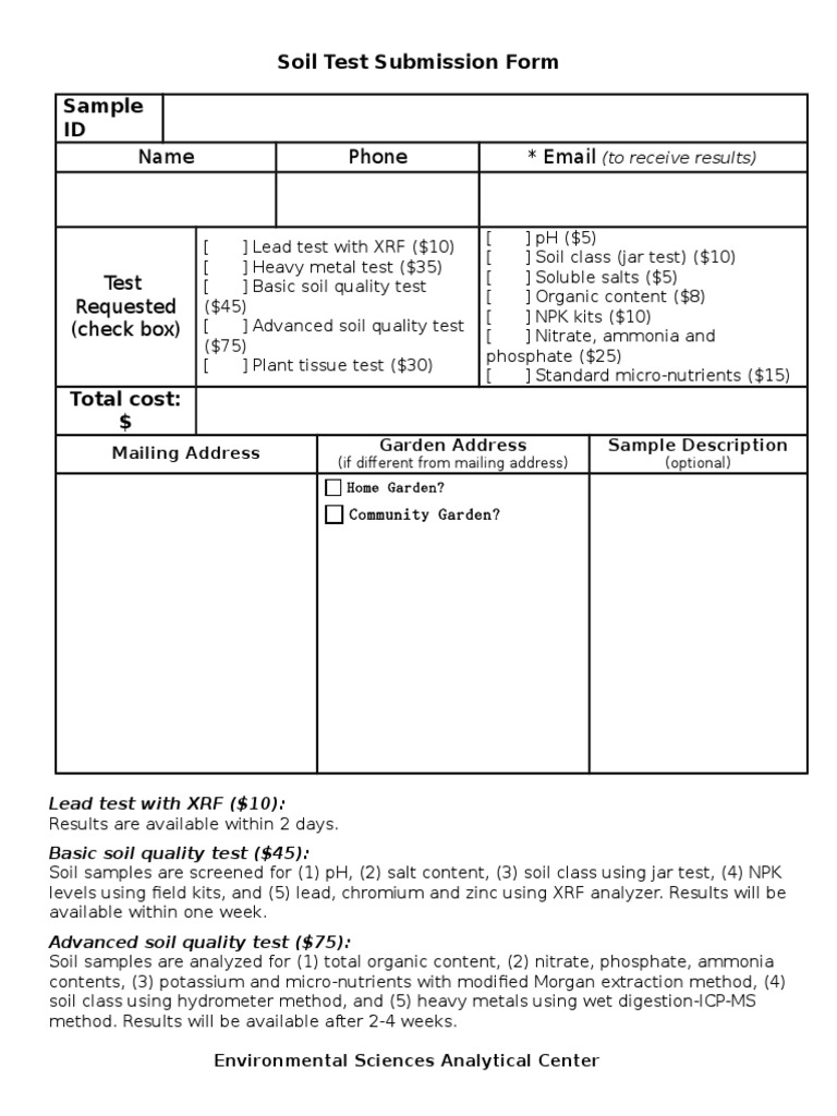 Soil Test Submission & Pricing Form | PDF