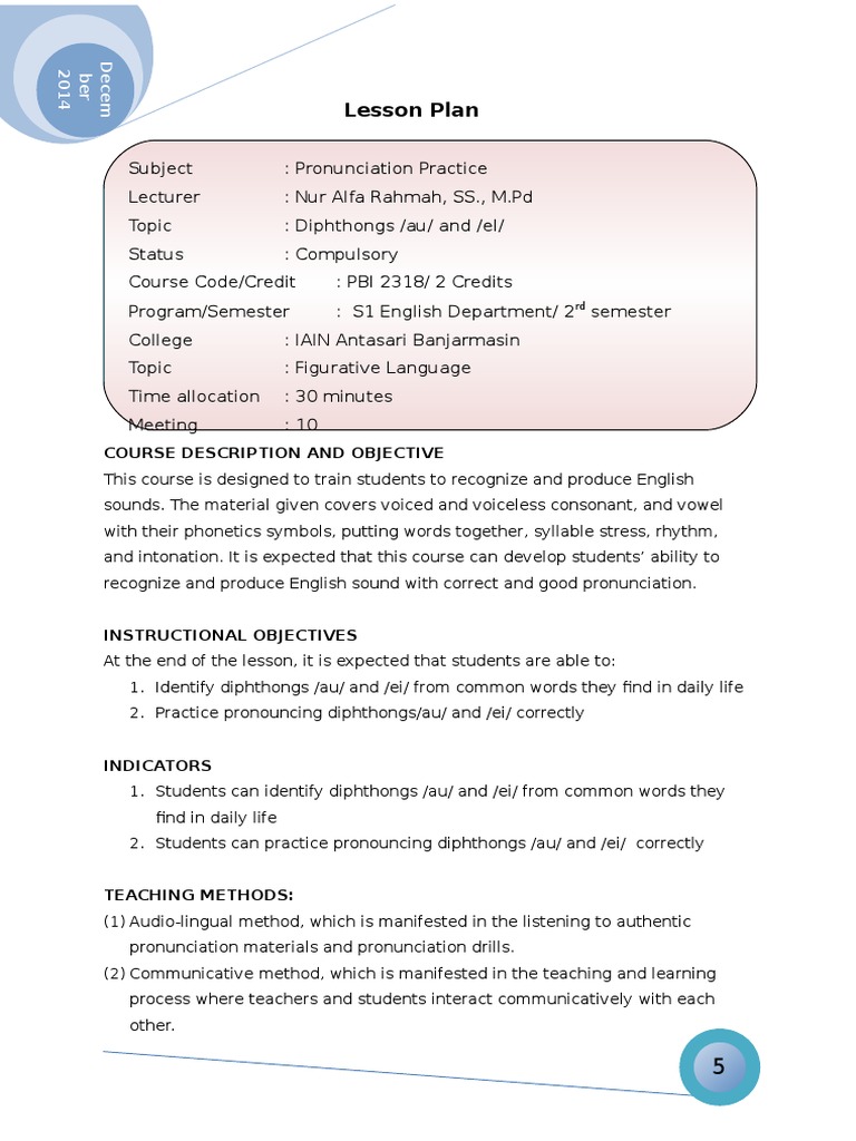 Lesson Plan Pronunciation English Language Human Voice