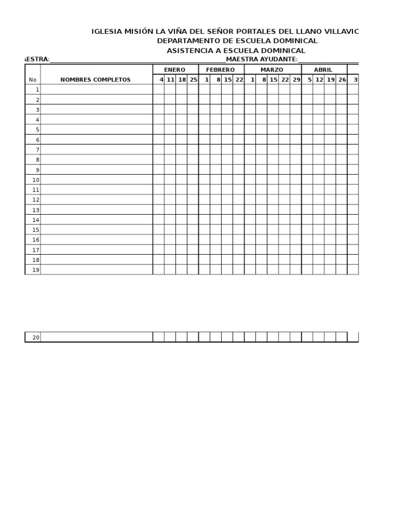 Lista Asistencia Escuela Dominical