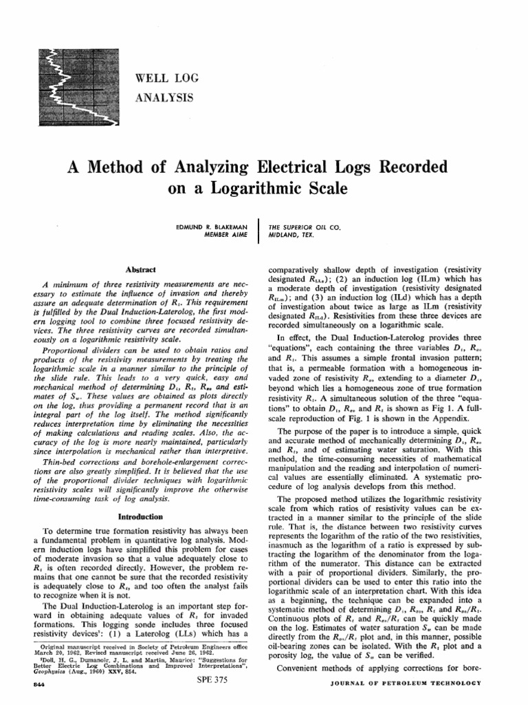 A Method of Analyzing Electrical Logs Recorded On A Logarithmic Scale