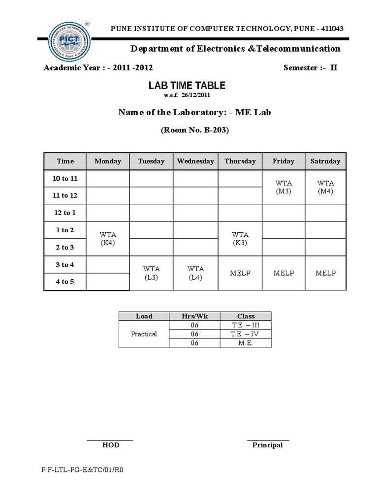 ME Lab Timetable for Pune Institute | PDF