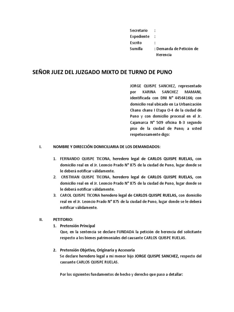 Modelo de contestacion peticion de herencia
