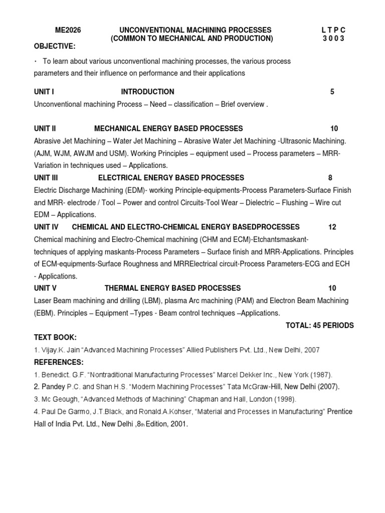 Unconventional Machining Process Syllabus | PDF