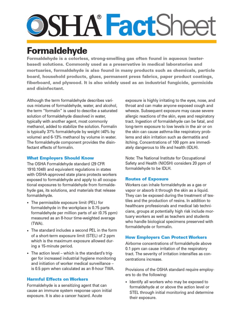 Formaldehyde Factsheet Formaldehyde Personal Protective Equipment