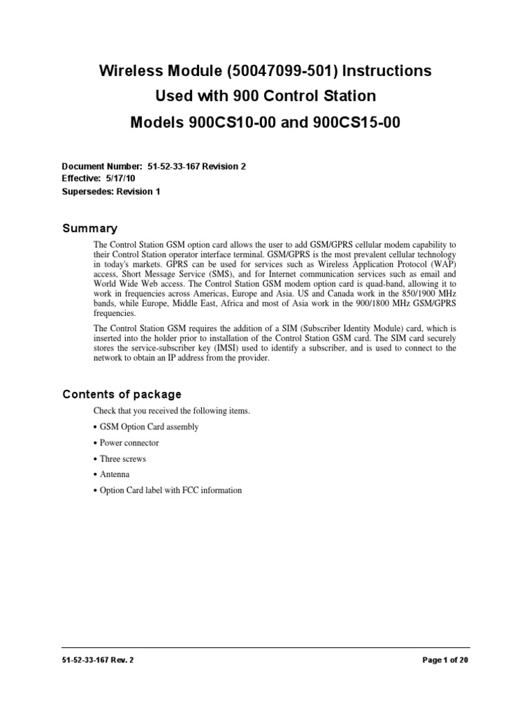 Wireless Module (50047099501) Instructions Used With 900 Control