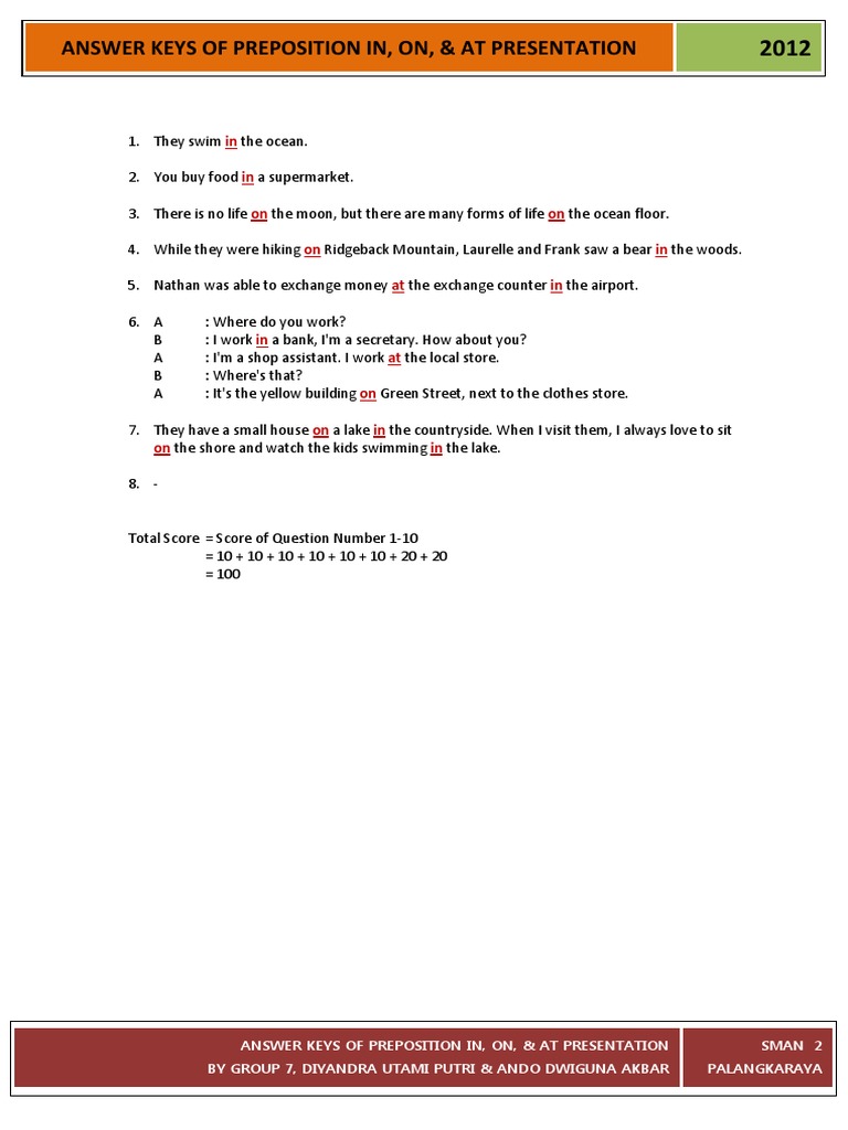Answer Keys of Preposition In, On, & at | PDF | Home & Garden