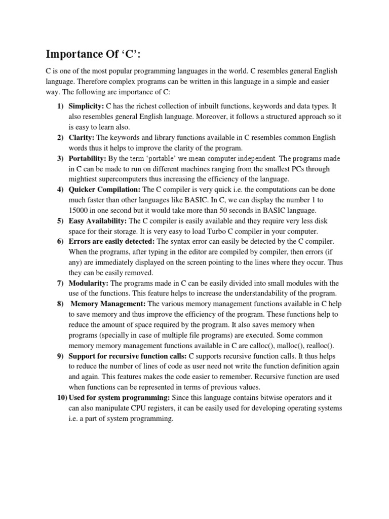 Importance of C Programming Language | PDF | C (Programming Language ...