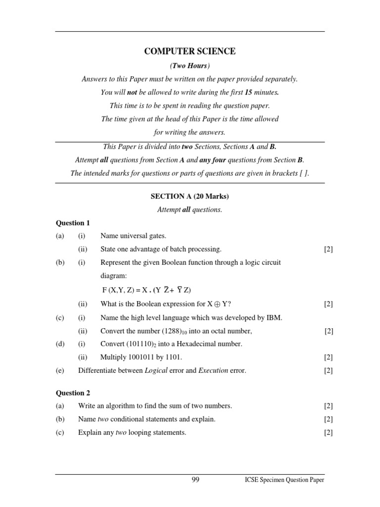 Computer Science: SECTION A (20 Marks) | Download Free PDF | Letter ...