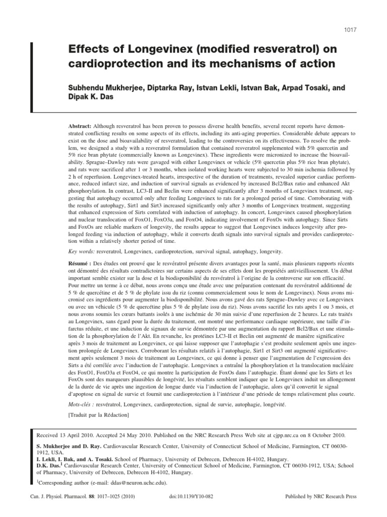 Effects of Longevinex (Modified Resveratrol) On Cardioprotection and