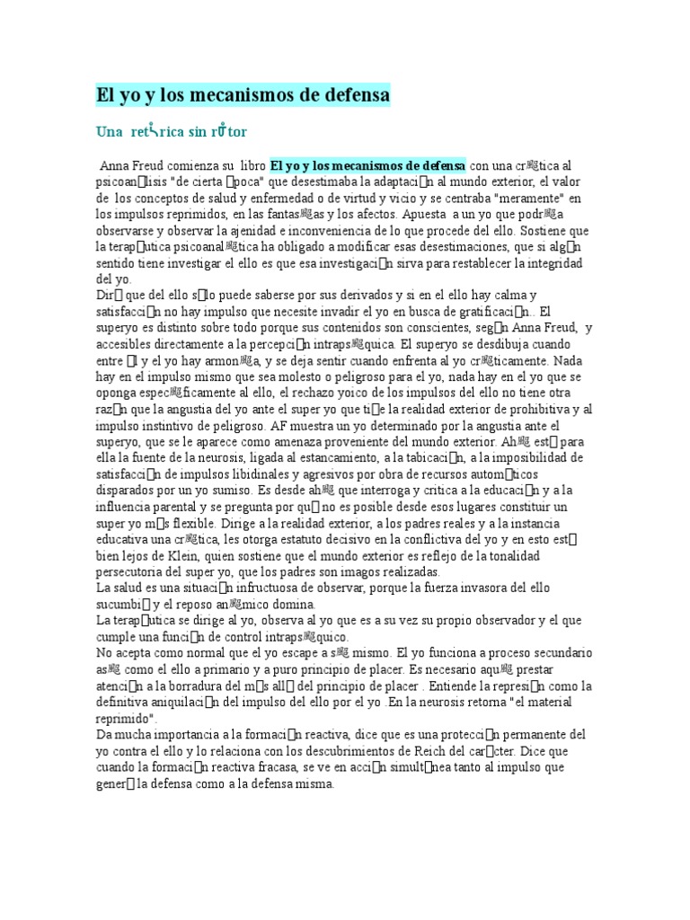 El Yo y Mecanismos de Defensa en Freud | PDF | Carné de identidad ...