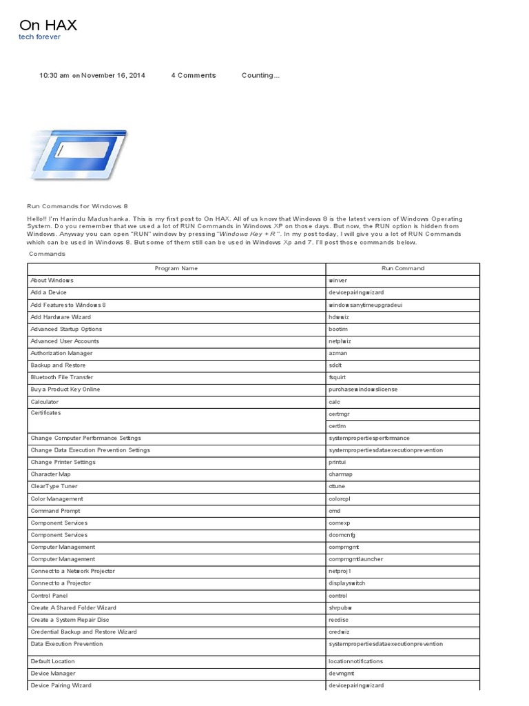 Essential RUN Commands for Windows 8 | PDF | Microsoft Windows ...