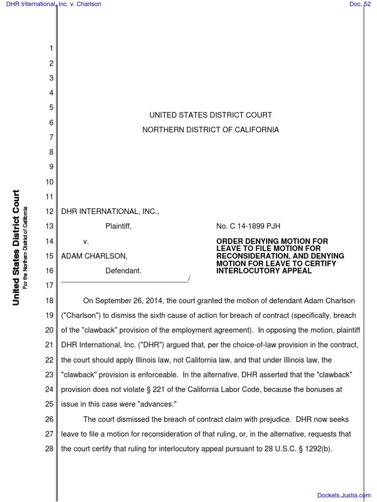 Order Denying Motion For Leave To File Motion For Reconsideration, and