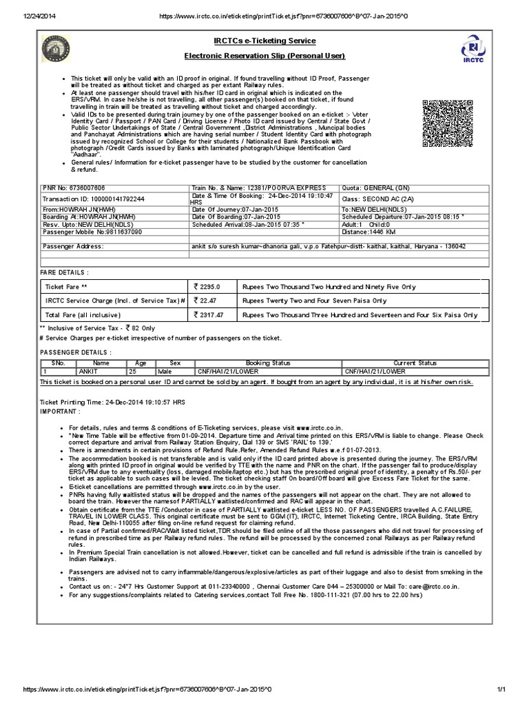IRCTC e-Ticket: Howrah to New Delhi | PDF | Identity Document | Ticket ...