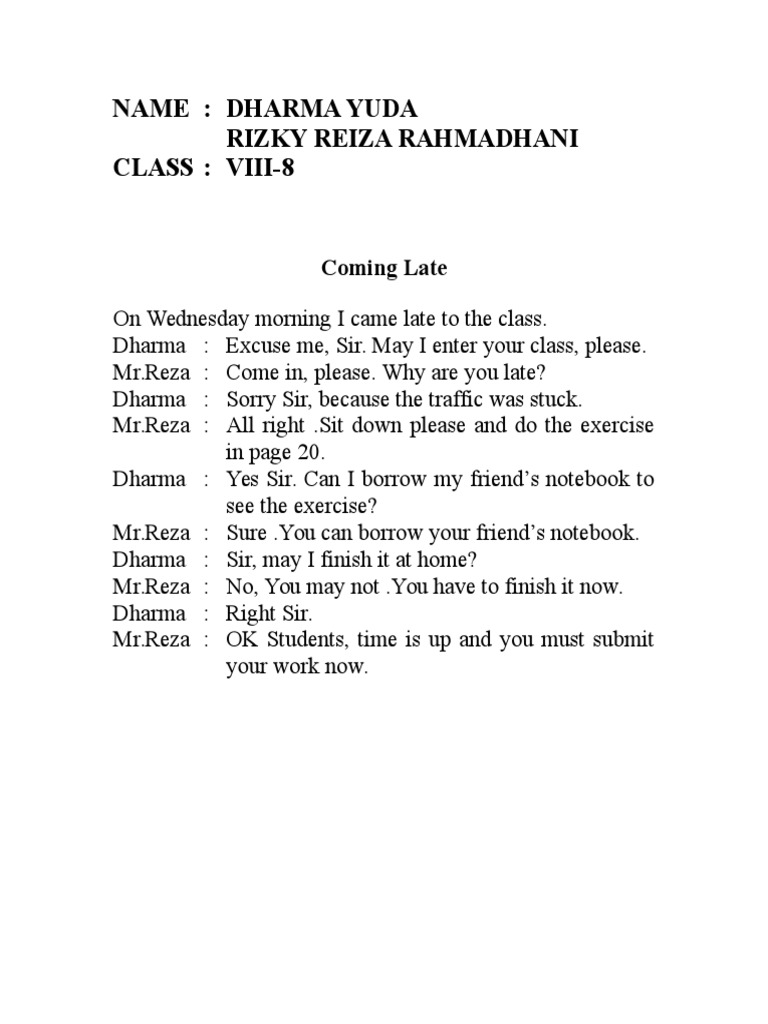 Classroom Late Arrival Dialogue | PDF