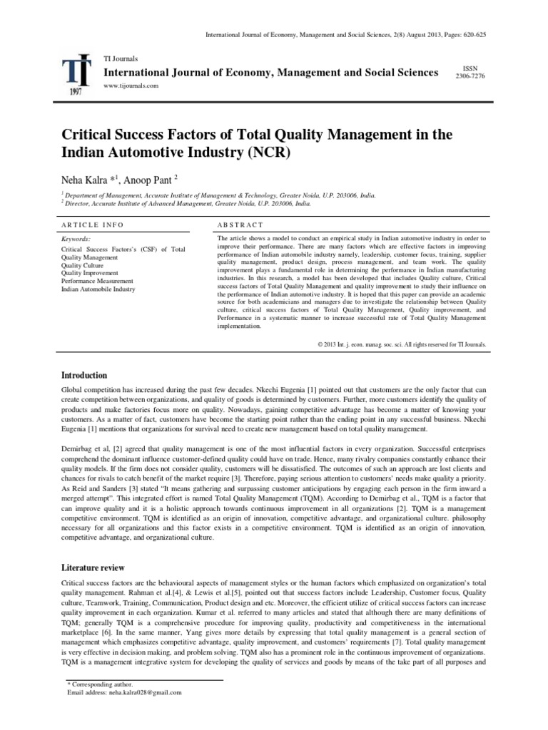 Critical Success Factors of Total Quality Management in The Indian