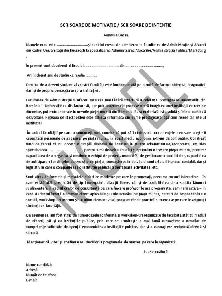 Scrisoare de Intentie - MODEL