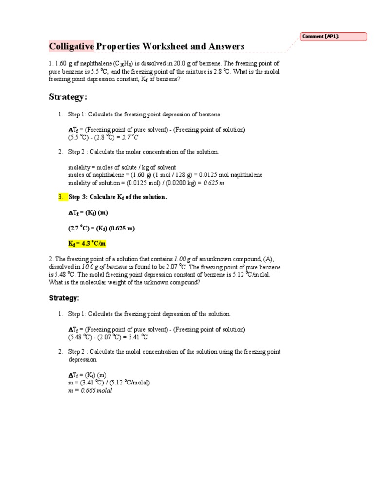 Colligative Properties Worksheet Answers | PDF | Solution | Mole (Unit)