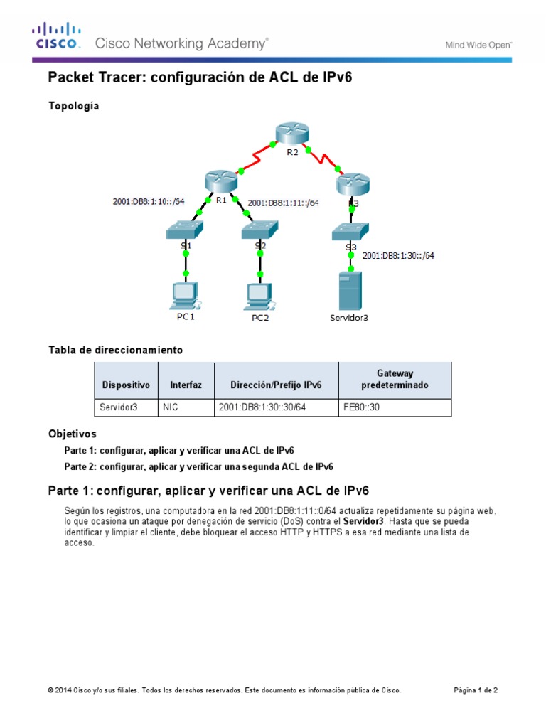 Configuración de ACL de IPv6 en Packet Tracer | PDF | Ataque de ...