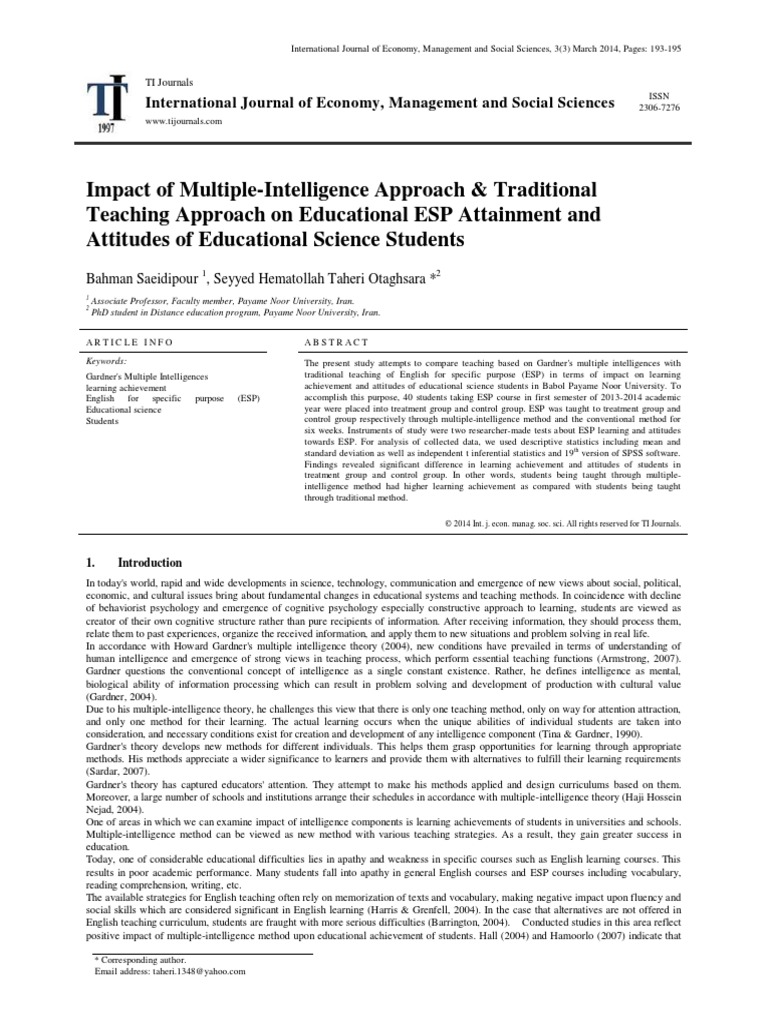 Impact of Multiple-Intelligence Approach & Traditional Teaching ...