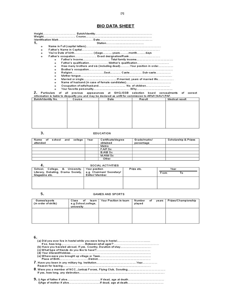 BIO DATA Form Filling Sheet on Arrival Day at ISSB