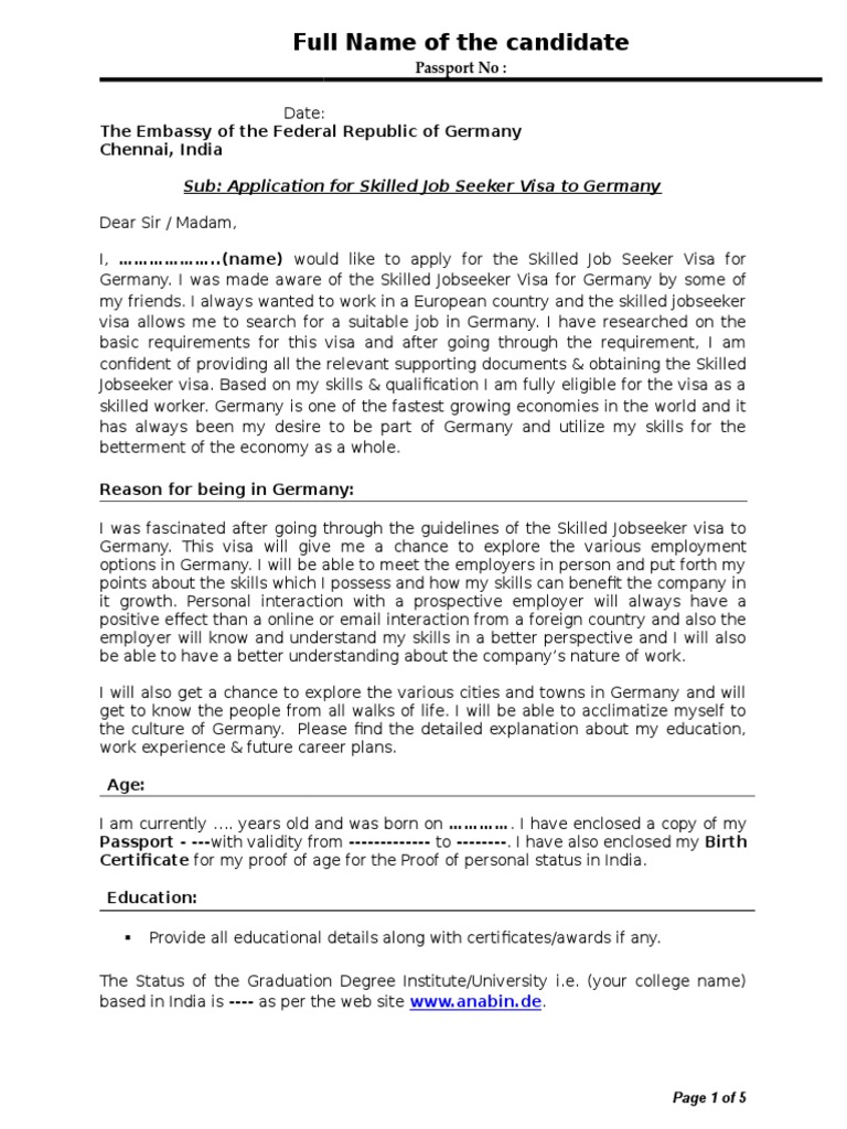 sample cover letter for visa application germany