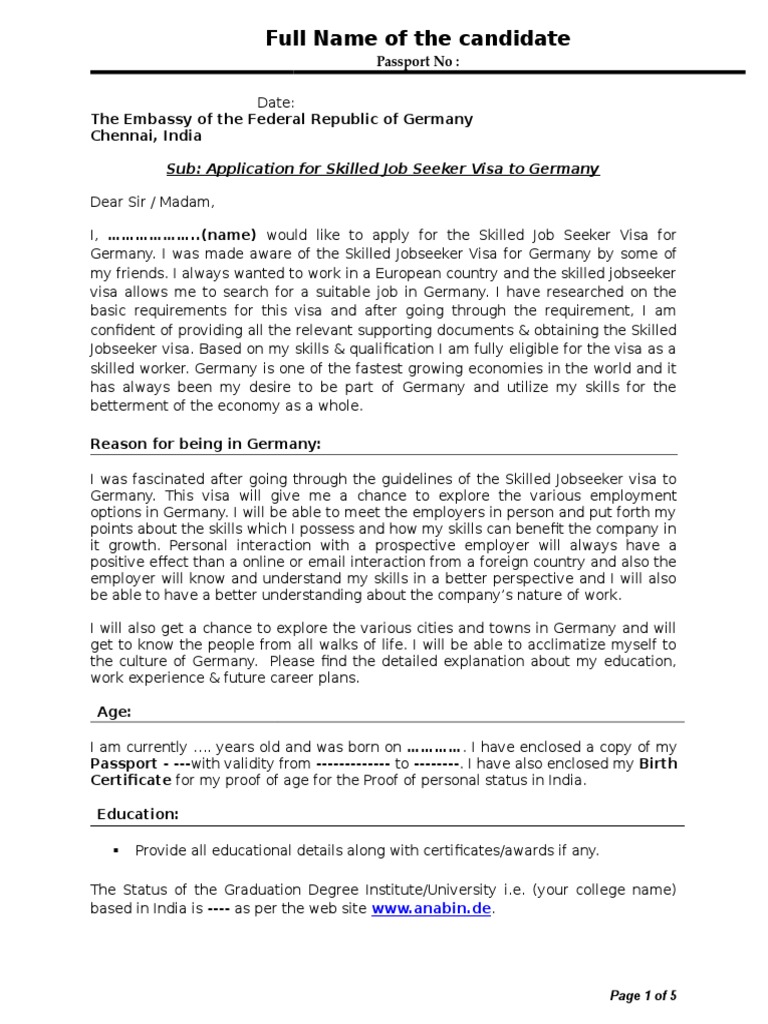 sample cover letter for germany tourist visa