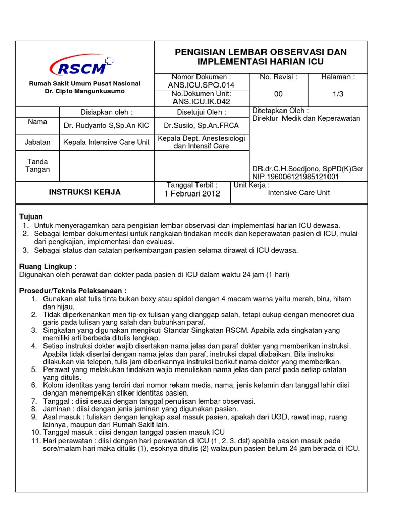 42.ik Pengisian Lembar Observasi Dan Implementasi Harian Icu-Rev | PDF