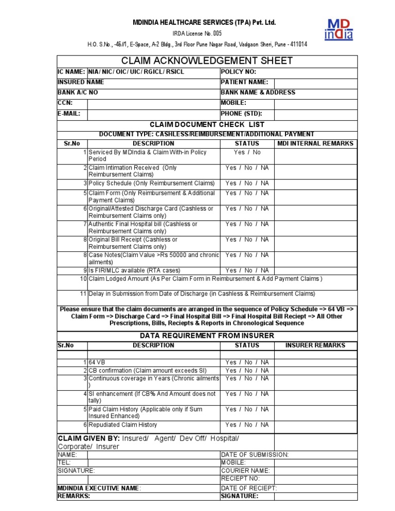 Claim Checklist For MD-India | PDF | Receipt | Insurance
