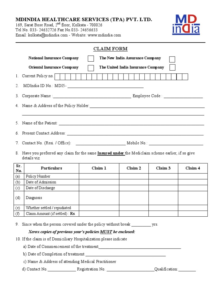 MD India Claim Form Instructions | PDF | Hypertension | Hospital