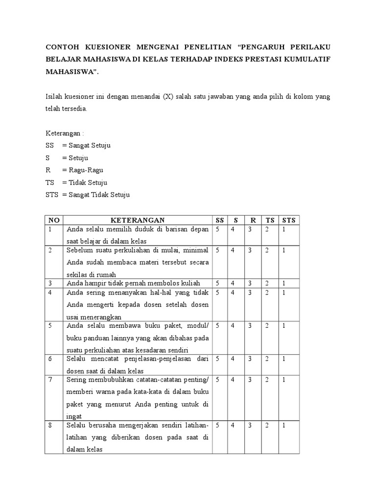 Contoh kuesioner penelitian kuantitatif