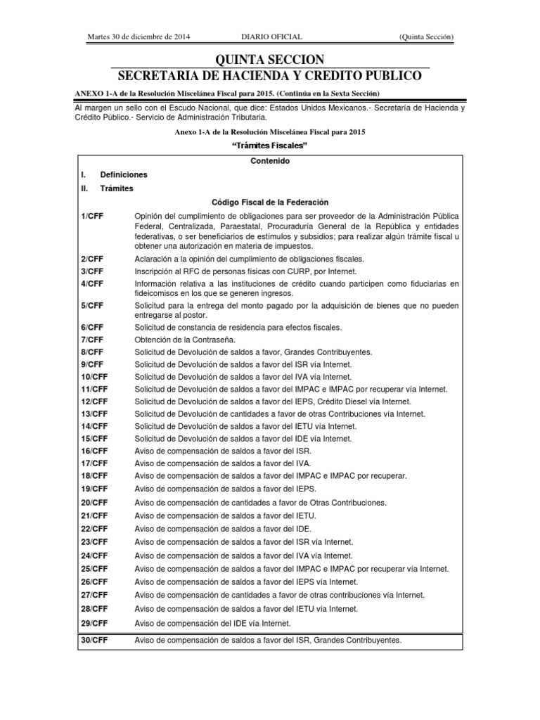 Anexo 1A Resolución Miscelánea Fiscal para 2015 PDF Sociedad de