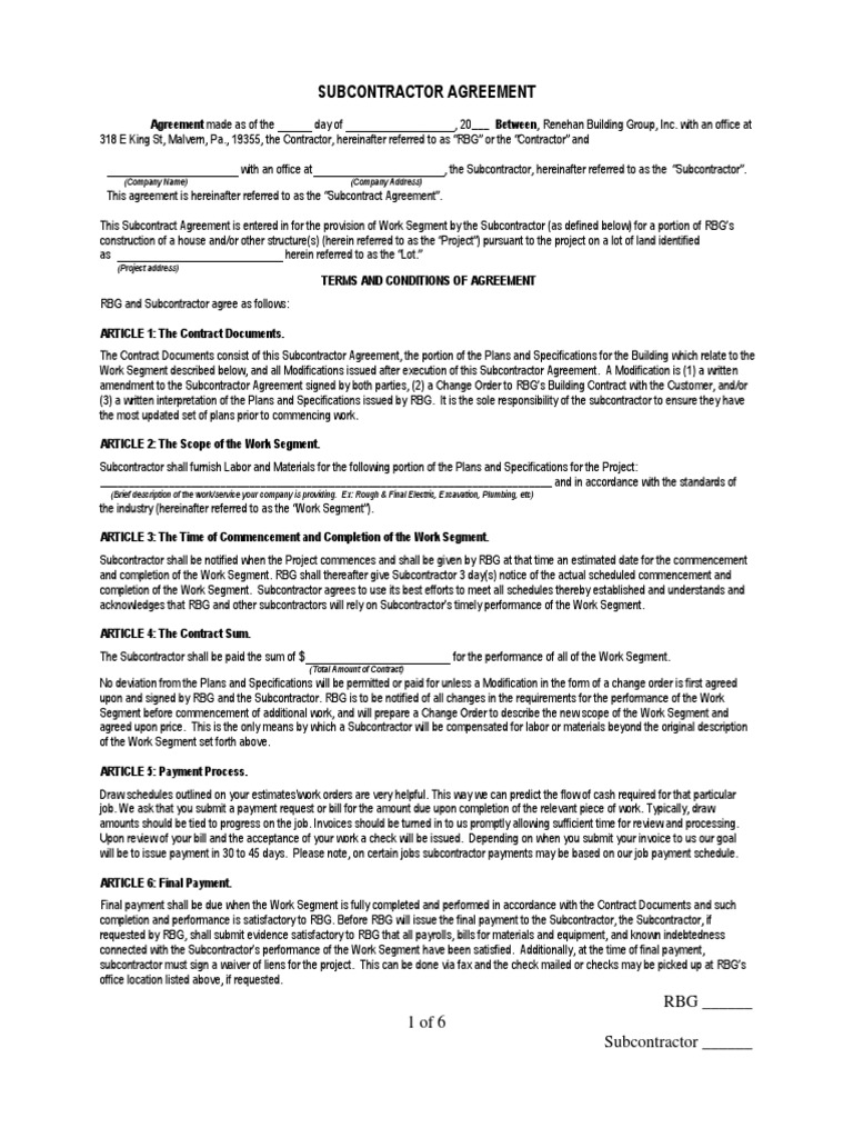 Subcontractor Agreement Template Indemnity General