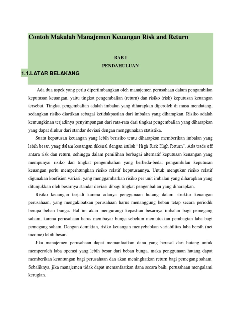 Contoh Makalah Manajemen Keuangan Risk And Return