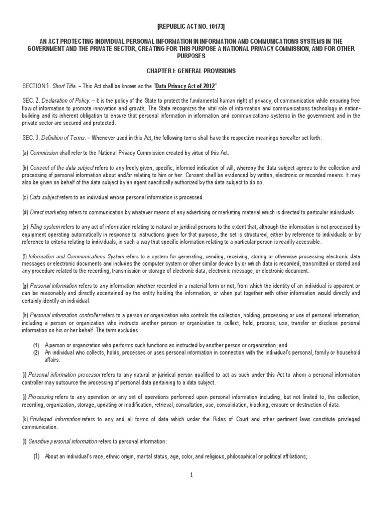 Data Privacy Act (Ra 10173) Personally Identifiable Information Privacy