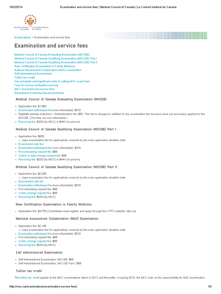 Examination and Service Fees Medical Council of Canada Le Conseil