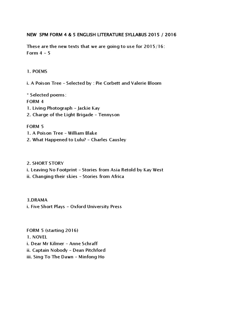 English Literature F4 And F5 2015 2016 Pdf Poetry