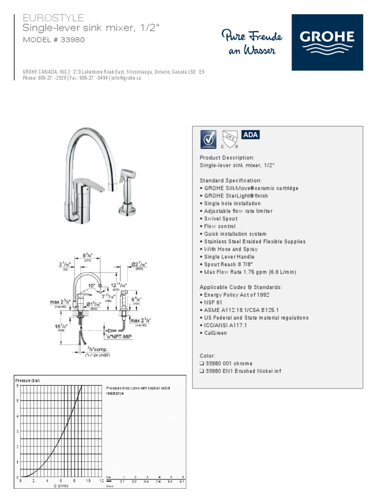 GROHE Specification Sheet 33980001 | PDF | Technology & Engineering