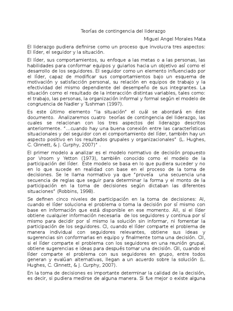 12 Teorías de Contingencia Del Liderazgo PDF Liderazgo Toma de decisiones