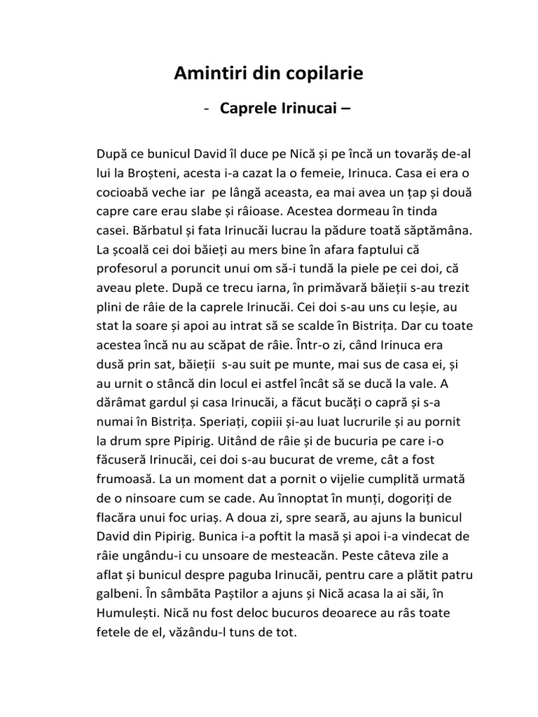 Ion Creanga Amintiri Din Copilarie Rezumat Pe Scurt