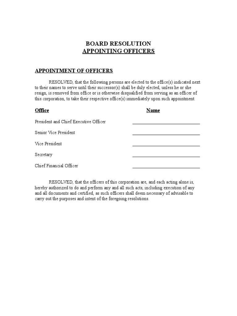 Board Resolution for Officer Appointments | PDF