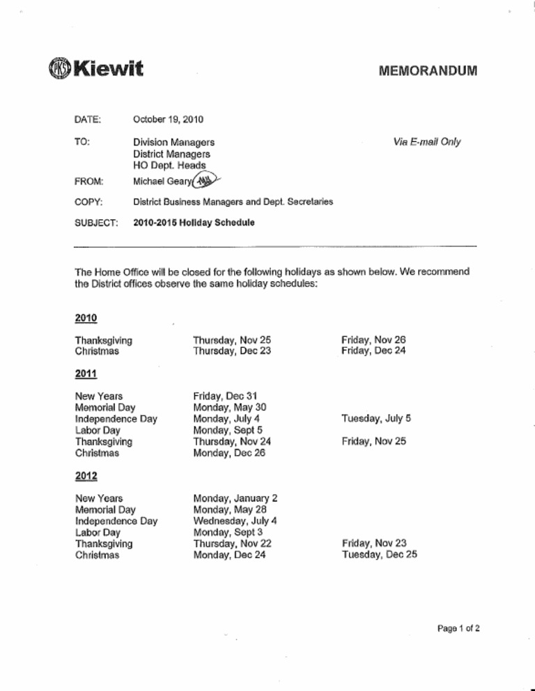 Kiewit Holiday Schedule PDF PDF