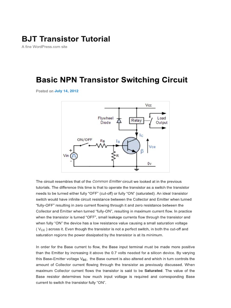 Basic NPN Transistor Switching Circuit BJT Transistor Tutorial PDF