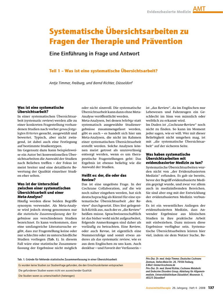 Systematische Übersichtsarbeiten zu Fragen der Therapie und Prävention ...