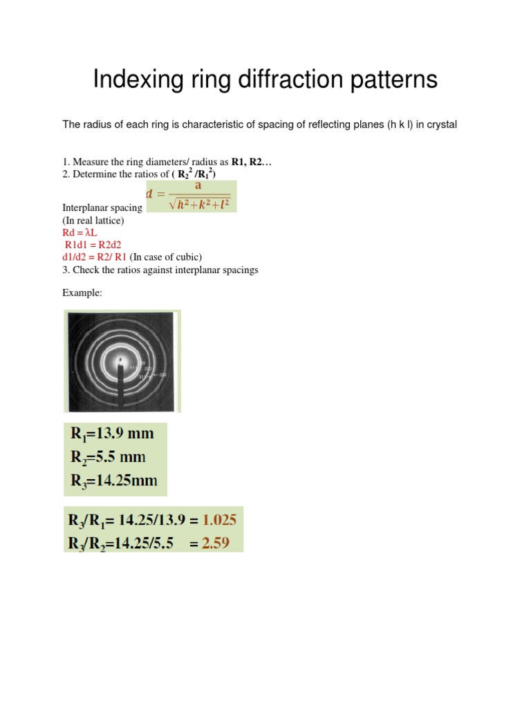 Indexing ring diffraction patterns: Rd = λL R1d1 = R2d2 d1/d2 = R2/ R1 ...