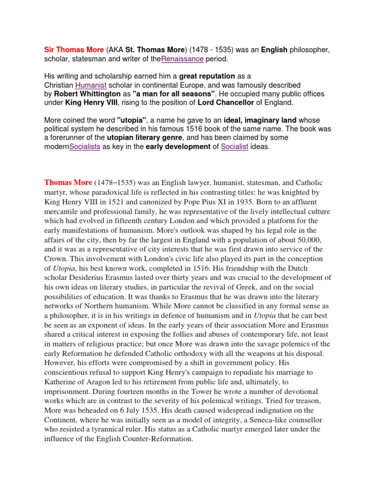 Sir Thomas More: Renaissance Humanist, Scholar, Statesman and Martyr